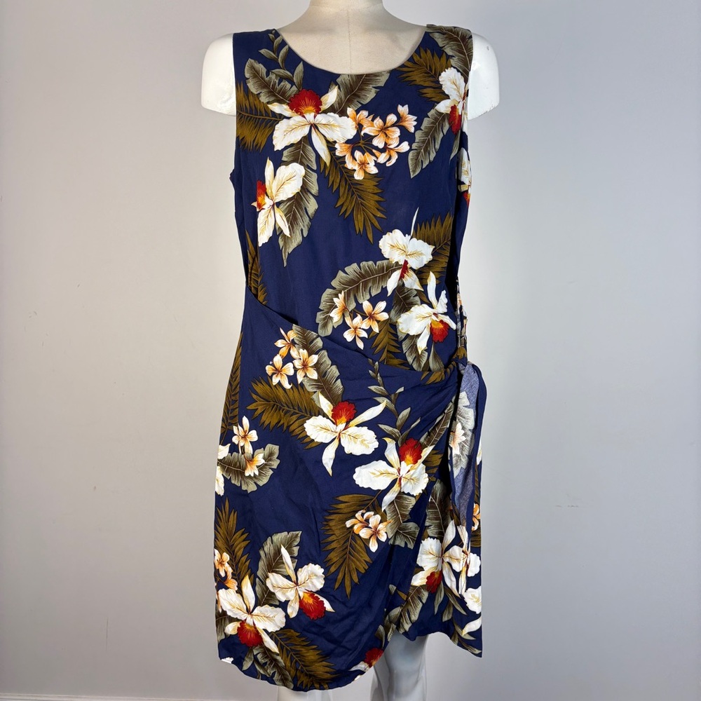 ❤️ VTG TwoPalms Hawaii Navy Floral Sarong Dress Faux Wrap Midi Boho Tropical L